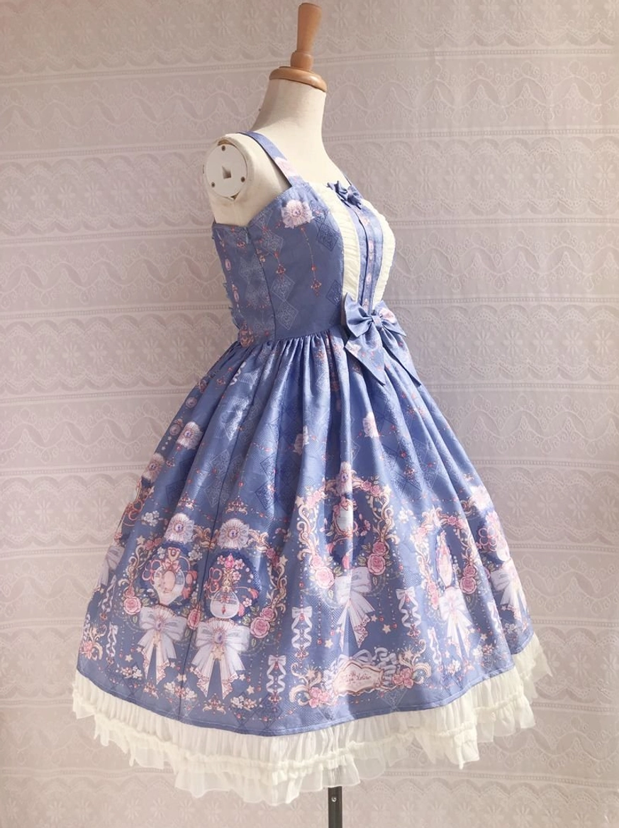 Sweet lolita printed JSK dress sizing guide and measurements display showing all available sizes from XS to 3XL with detailed dimensions