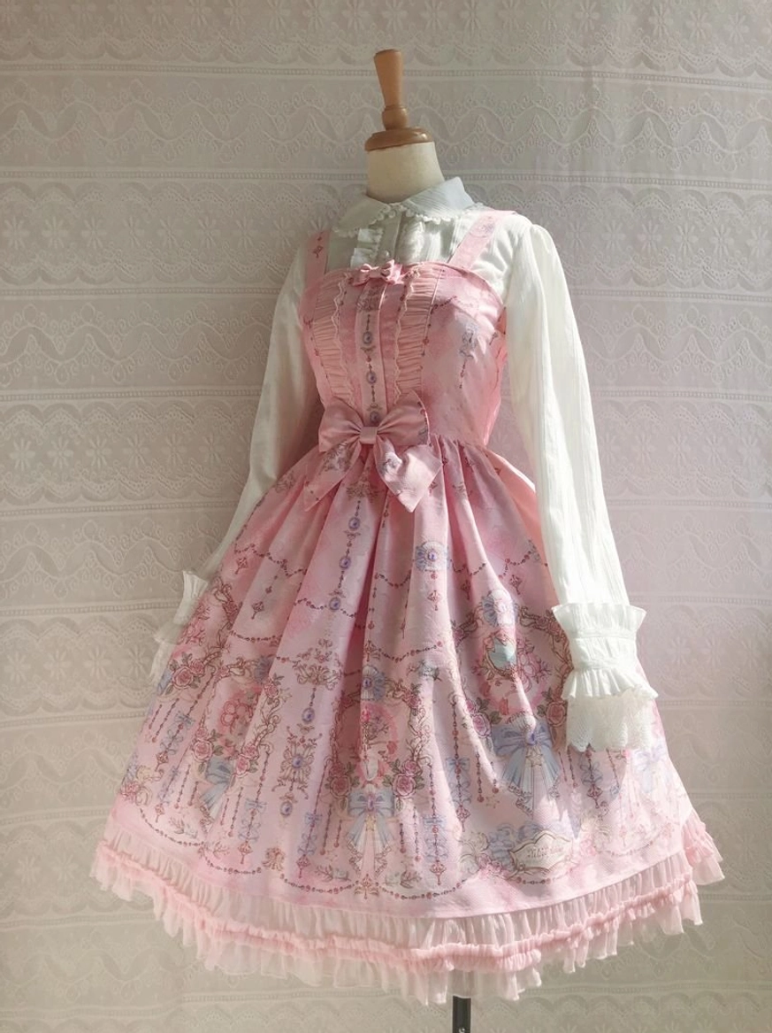 Sweet lolita JSK dress styling guide showing petticoat coordination blouse pairing and accessory recommendations for complete lolita look