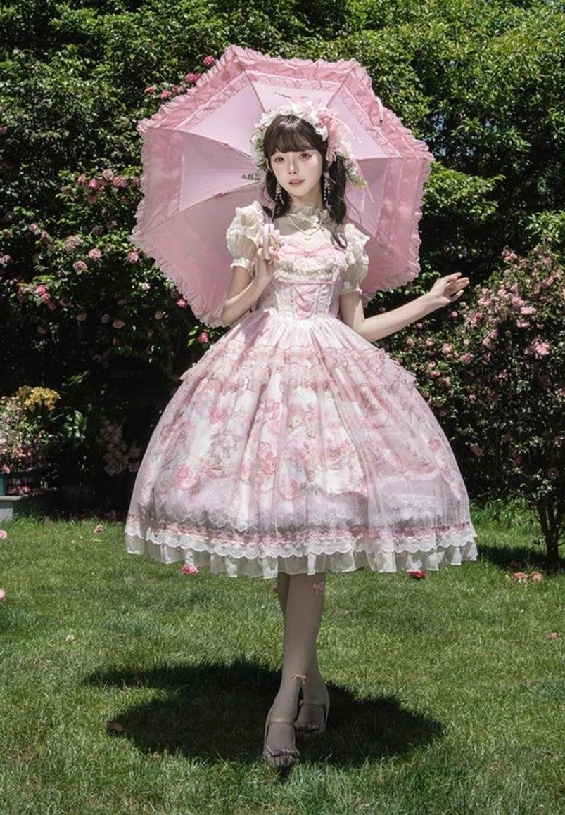 Sweet lolita JSK dress waist detail showing delicate waist bow tie elastic measurements back zipper side closure