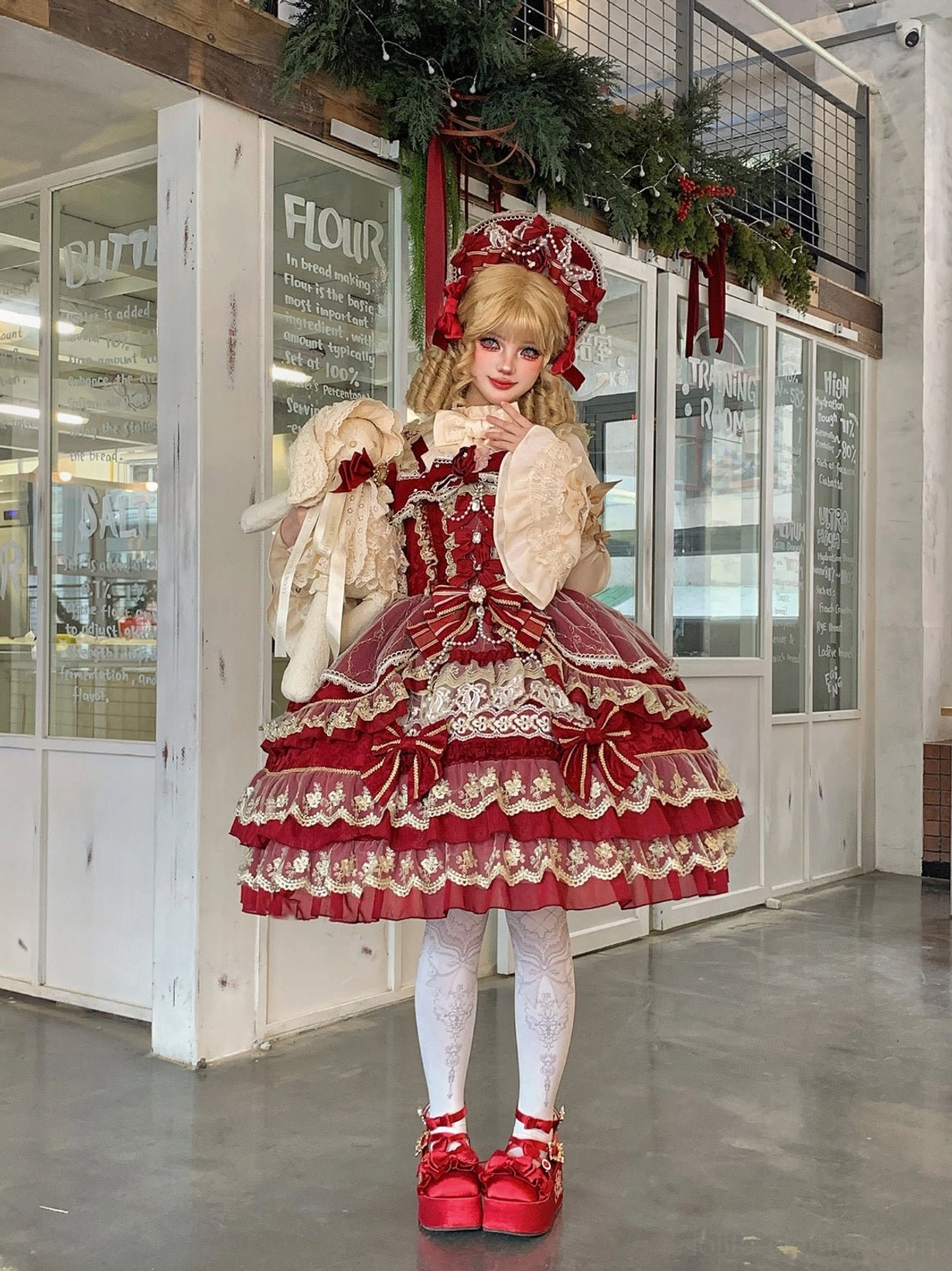 Sweet lolita JSK four-way stretch fabric detail showing elasticity and drape of premium material
