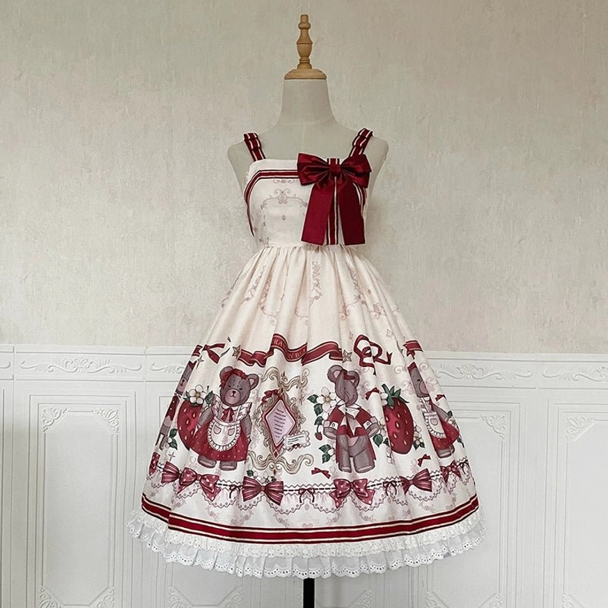 lolita jumper skirt dress full view mannequin ivory base strawberry bear prints ruffled lace hemline burgundy chest bow