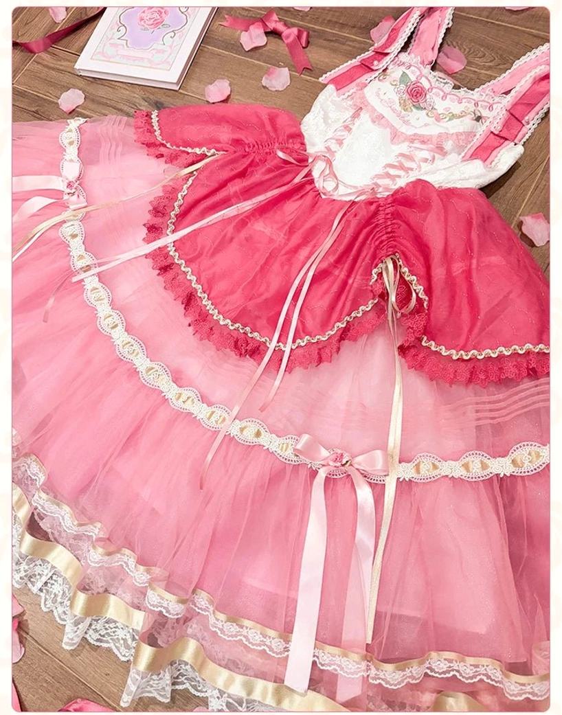 Sweet lolita jumper skirt JSK dress floral embroidery neckline detail, delicate embroidered flowers at bodice area coordinating with one-piece dress for complete collection set