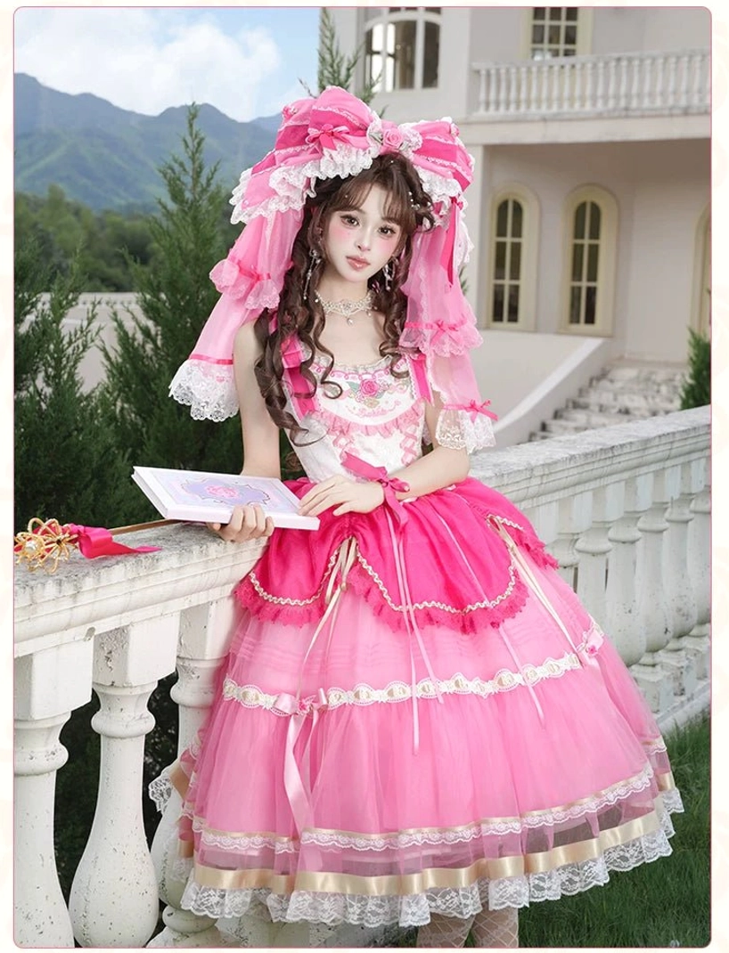 Sweet lolita sleeveless jumper skirt JSK dress half-body front outdoor balcony view, model wearing matching headdress holding notebook, pink and off-white color matching with tulle skirt and lace trim