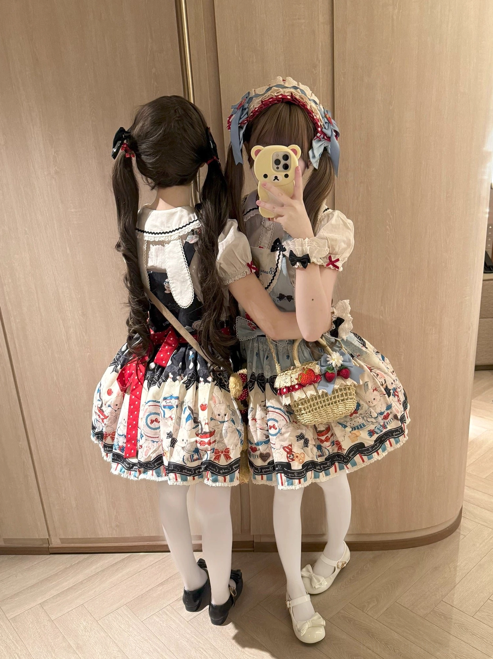 Sweet Lolita JSK jumper skirt bunny print hem detail ruffled striped ribbon lace trim edge finishing