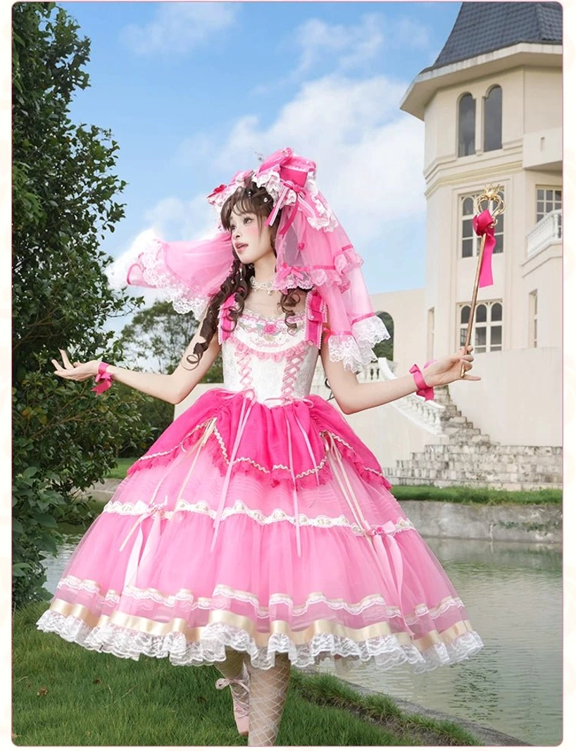 Sweet lolita jumper skirt JSK dress side zipper and drawstring lift-up hem feature detail, adjustable fit design with tulle and lace construction for versatile styling options
