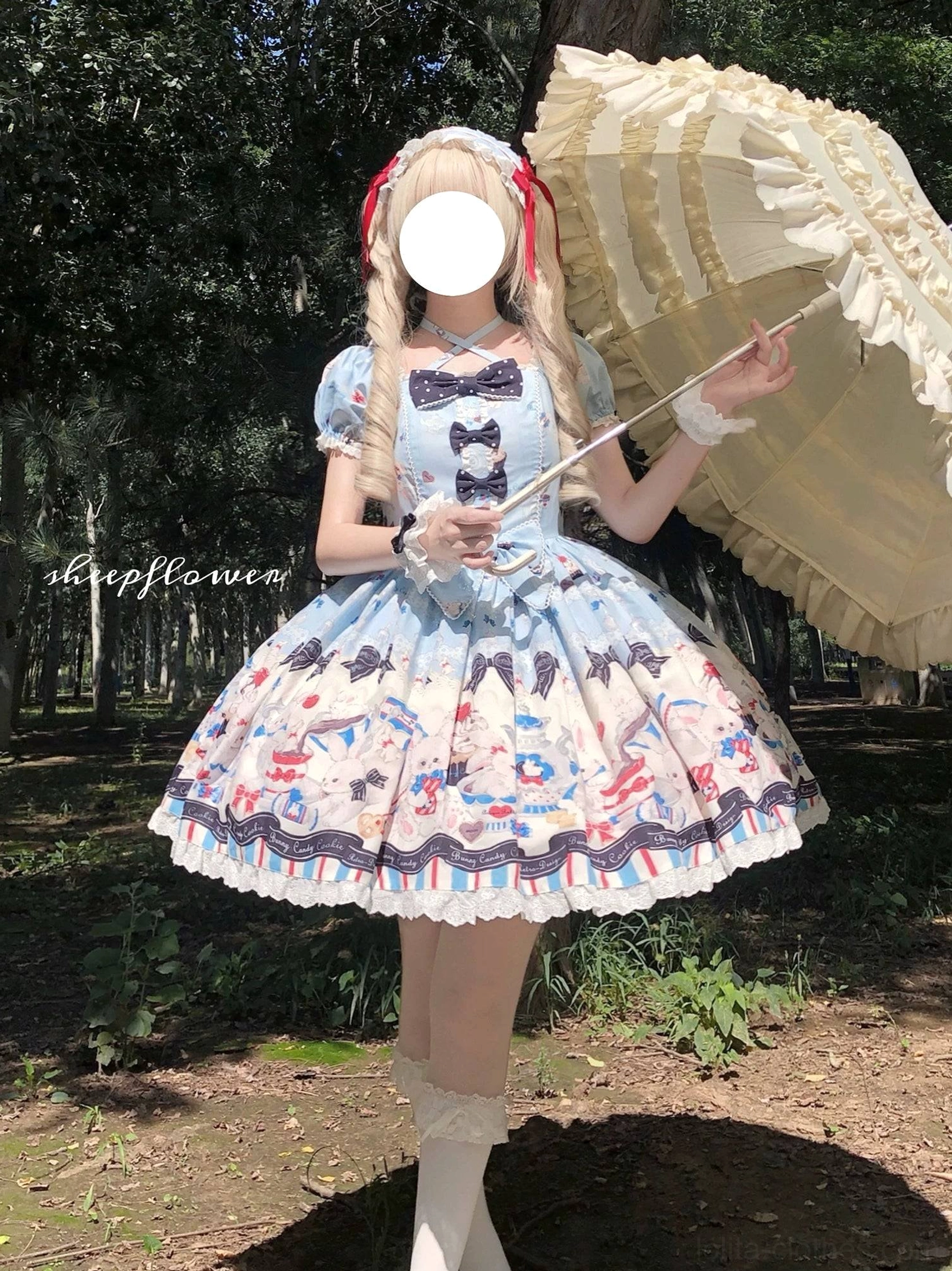 Sweet Lolita JSK Jumper Skirt bunny print waist detail adjustable ties removable bow side pocket lace trim