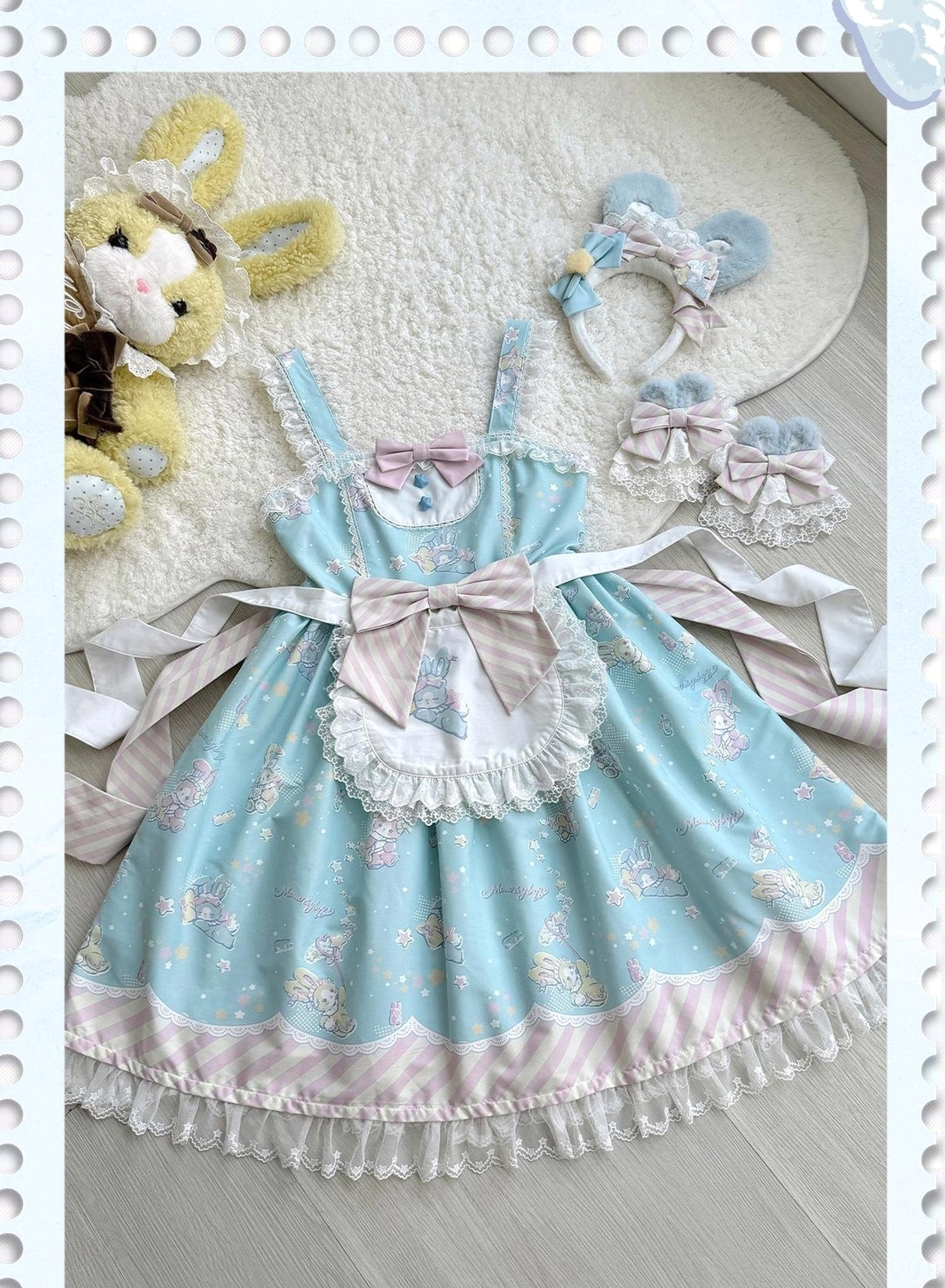 Lifestyle photograph of sweet Lolita jumper skirt worn in actual setting showing real-world wear, movement, and practical styling
