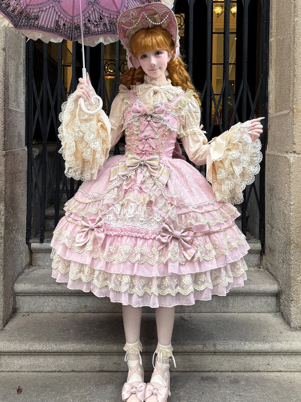Sweet lolita JSK jumper skirt main product photo with tiered ruffles, floral embroidery and lace detailing