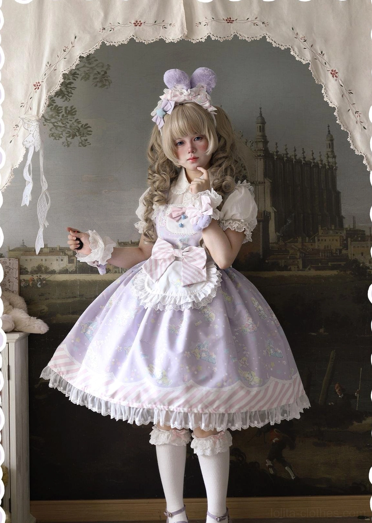 Color comparison photograph of multiple sweet Lolita jumper skirt colorways displayed together showing blue, yellow, purple, and pink variants side-by-side