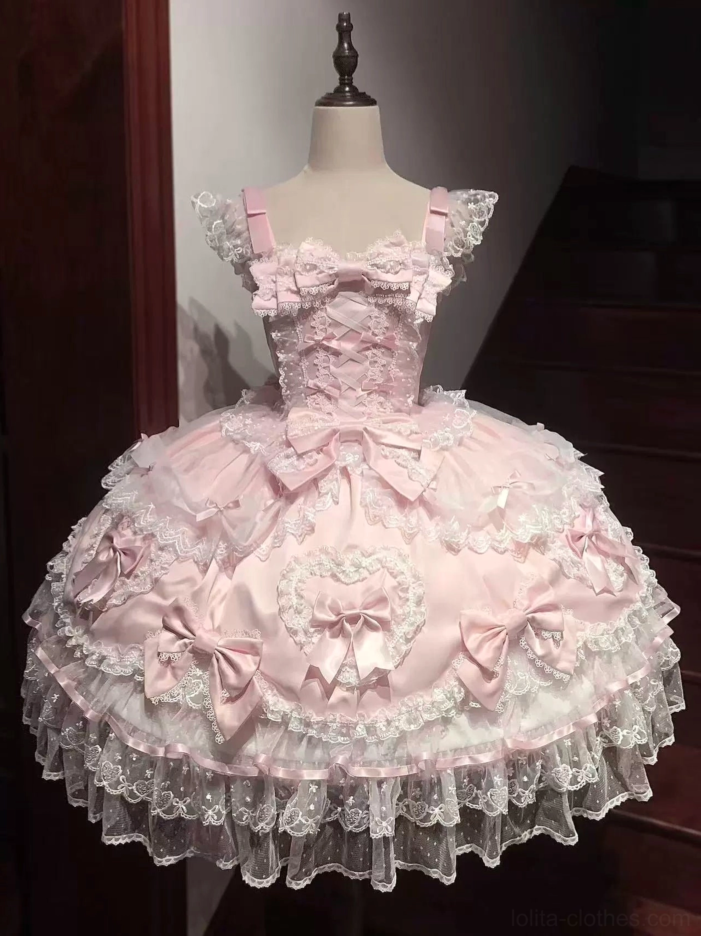 Sweet Lolita JSK jumper dress front view pink-white lace ruffled hem satin bows heart embroidery dress mannequin