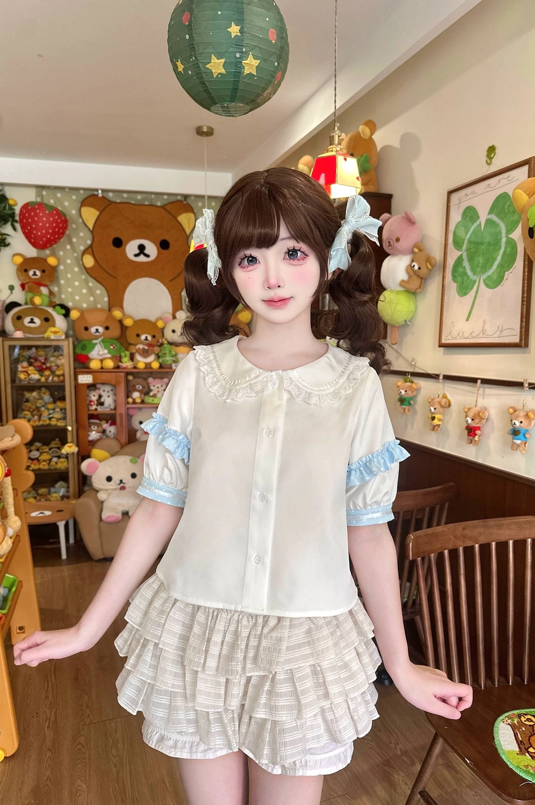 Sweet Lolita JSK jumper skirt detailed close-up showing polka dot pattern, lace ruffled trim, color coordination, and meticulous construction quality