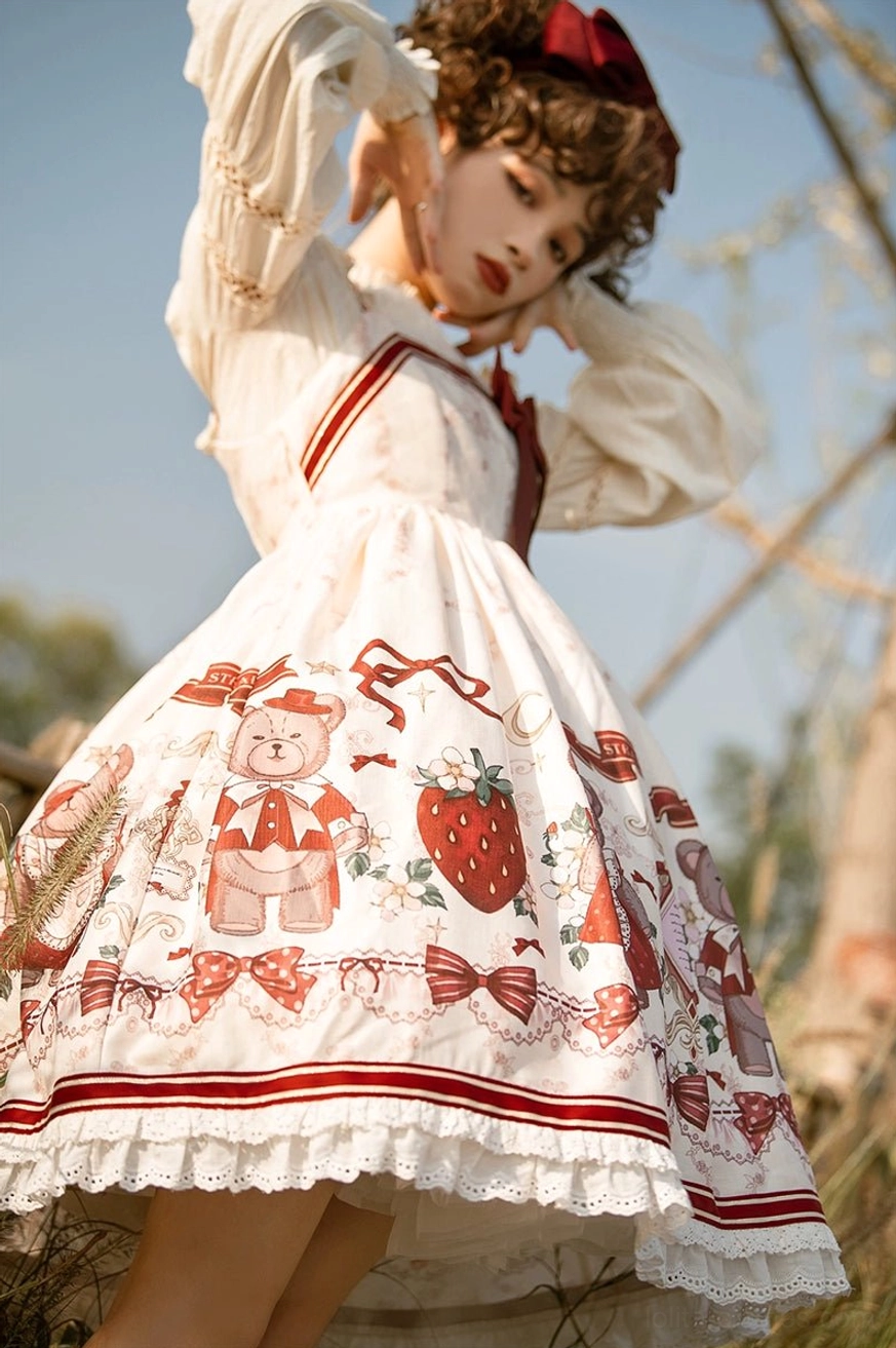 sweet lolita ivory base jsk print detail strawberry bear cartoon motif burgundy stripe border lace hem