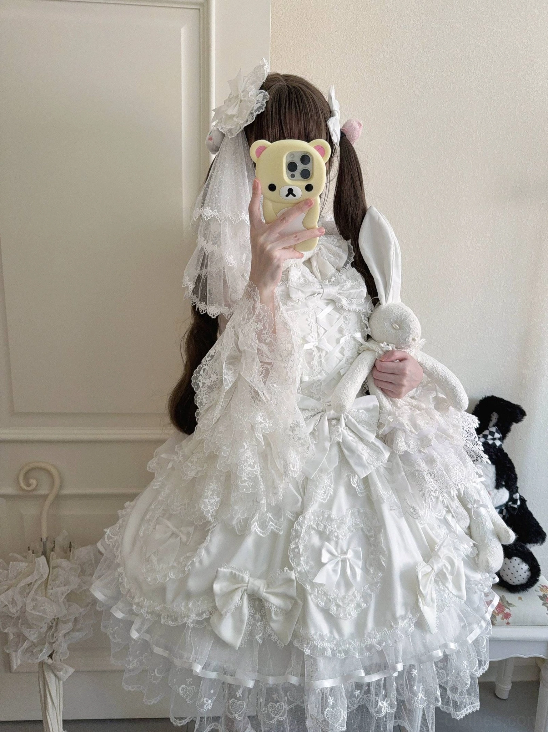 Pure white Sweet Lolita JSK jumper dress with detachable head veil and trailing bow complete coordinate bundle