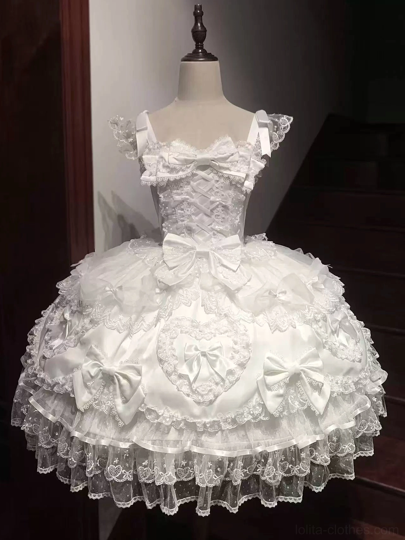 Sweet Lolita JSK jumper dress all-white front view large satin bow heart embroidery lace ruffled hem dress mannequin