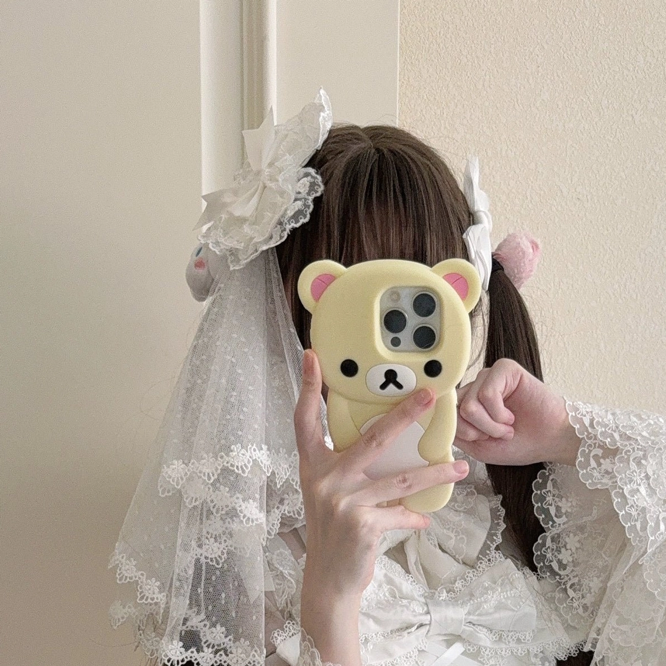 Pure white Sweet Lolita JSK jumper dress with optional head veil styling alone without trailing bow