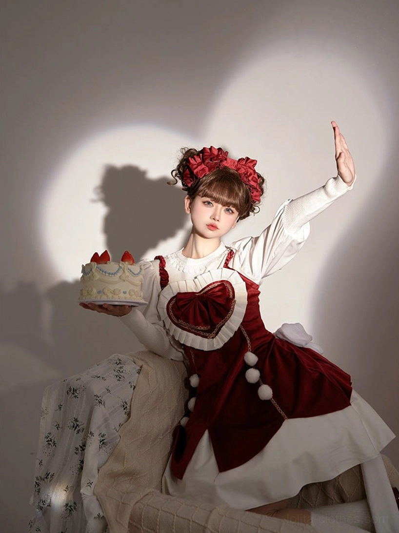 Sweet lolita jumper skirt three quarter side sitting view red velvet lace-up back design fitted silhouette