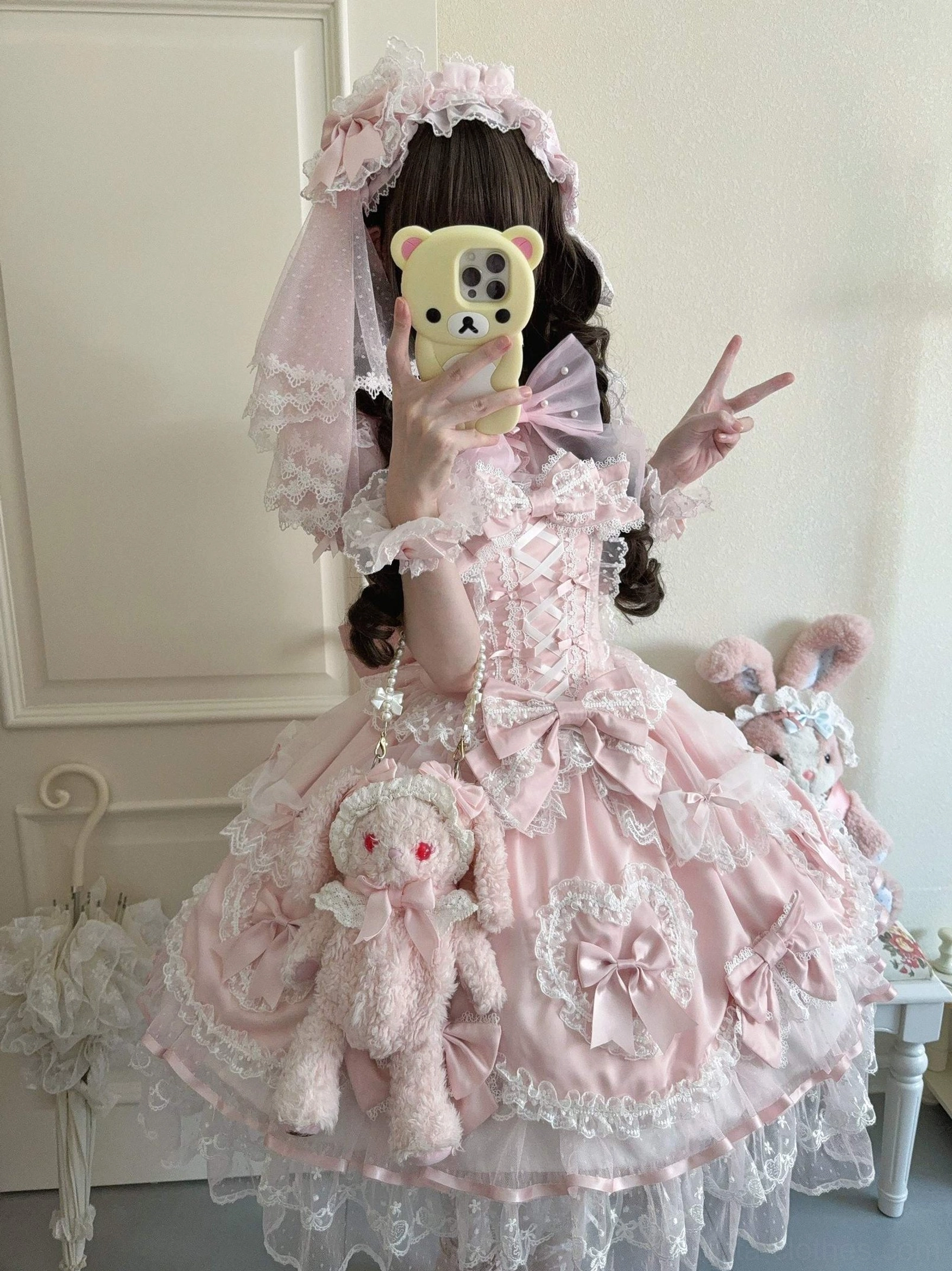 Romantic pink-white Sweet Lolita JSK jumper dress with head veil and trailing bow complete bundle set