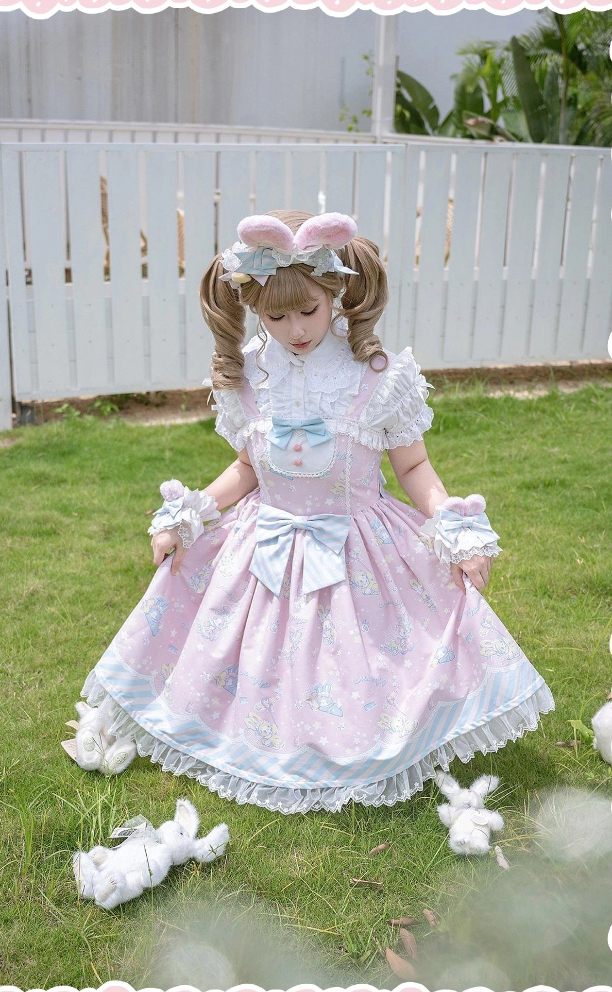 Salopette configuration detail for sweet Lolita jumper skirt showing apron connection, button placement, and overall pinafore construction