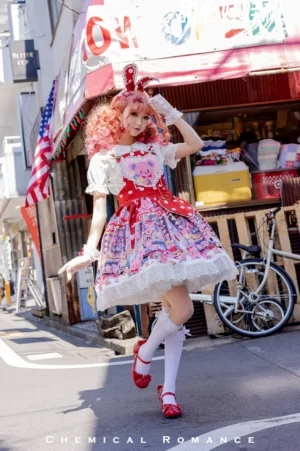 Sweet lolita jumper skirt salopette polka dot shoulder straps three quarter pose outdoor shop street fashion