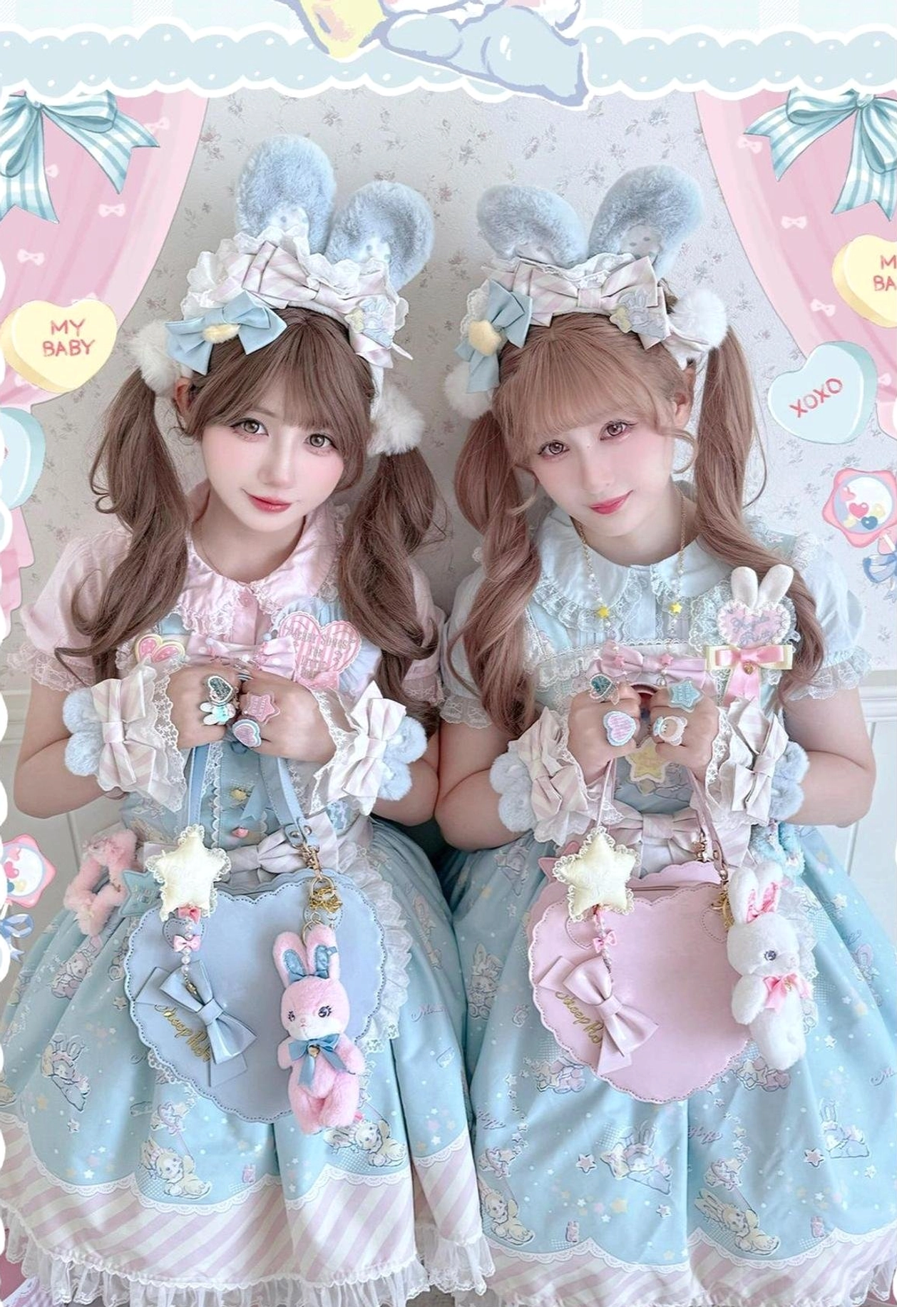 Product photograph of sweet Lolita jumper skirt featuring shoulder strap detail, adjustable buckles, decorative buttons, and bunny-themed embellishments