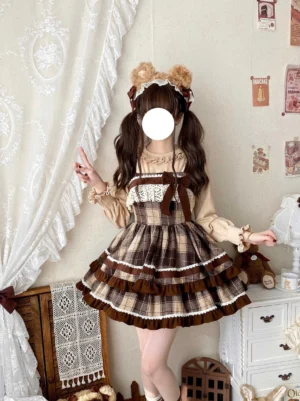 Side three-quarter angle view of caramel cocoa tartan sweet lolita jumper skirt with waist fitting elastic bust detail