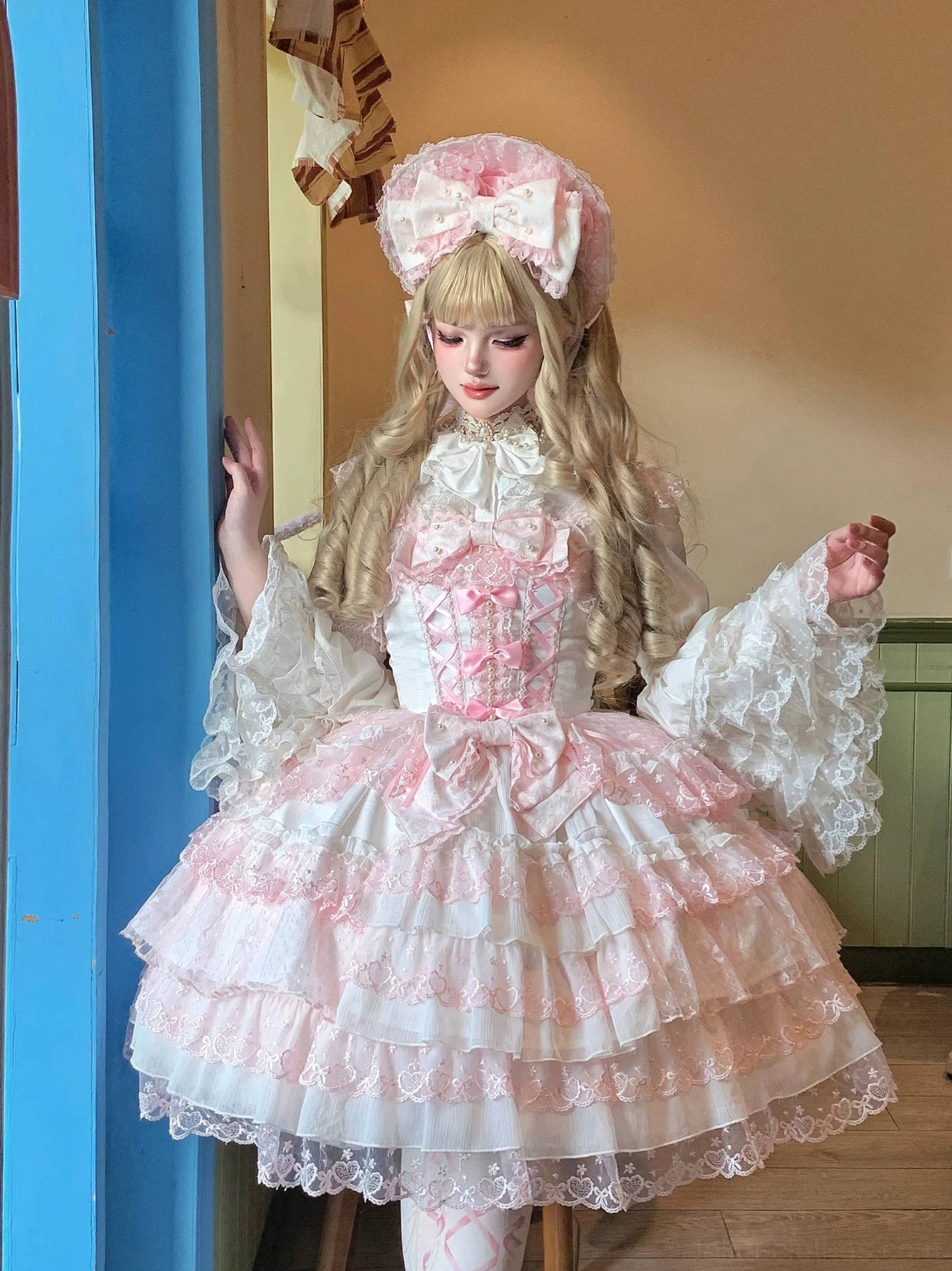 Sweet Lolita JSK dress size reference showing garment on model to demonstrate typical fit and proportions