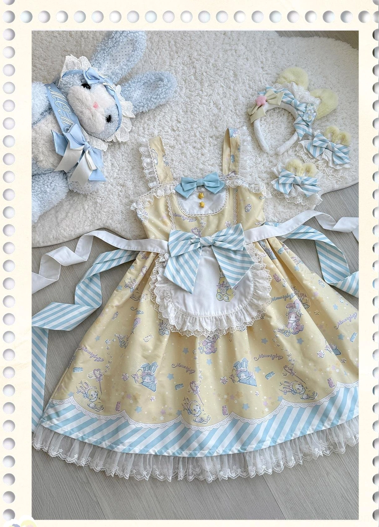 Sweet Lolita jumper skirt styled with coordinating blouse and accessories showing complete outfit, styling suggestions, and full ensemble