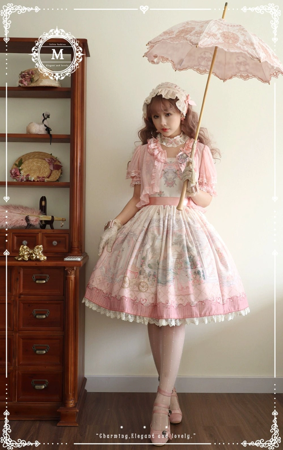 Pink sweet lolita JSK dress with vintage handbag and bonnet headwear accessory showing proper lolita fashion coordination