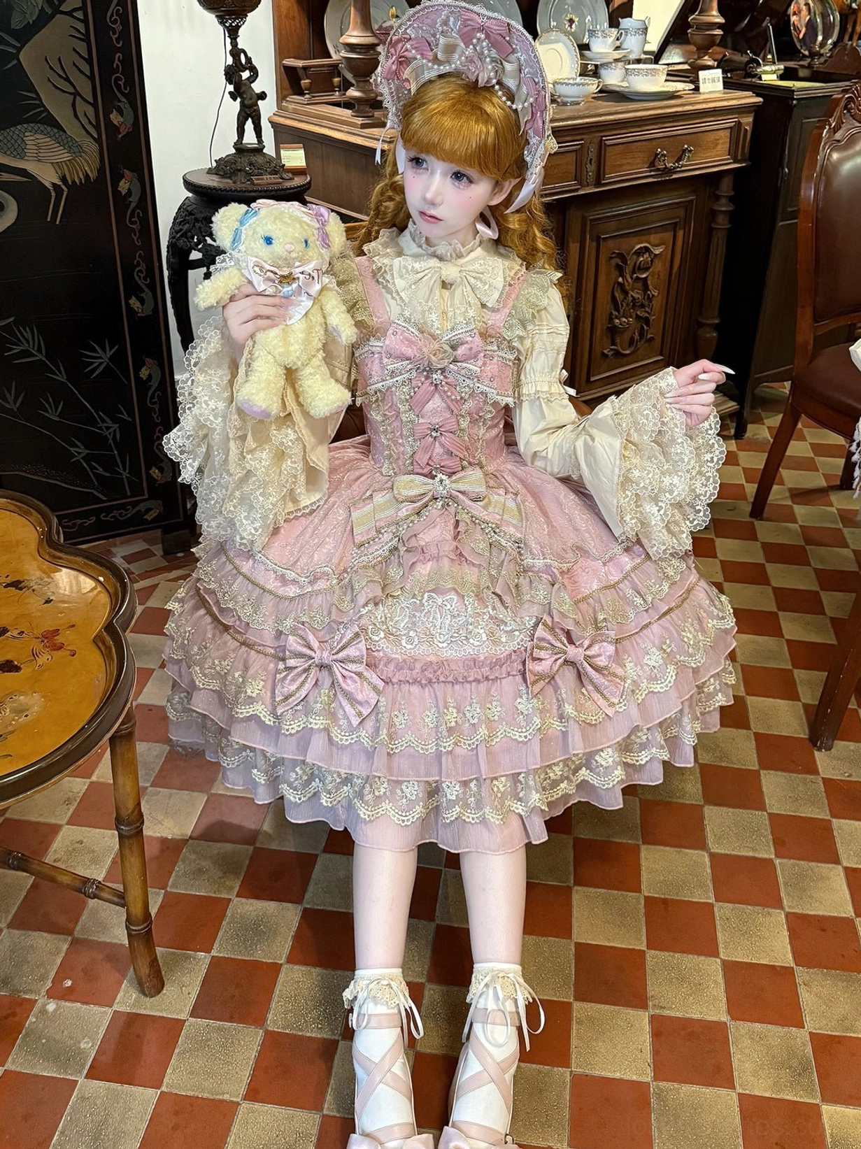 Sweet lolita JSK waistband and skirt attachment detail showing construction quality