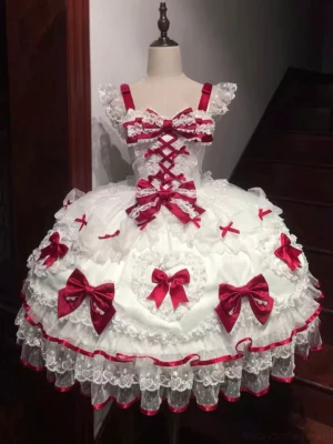 Sweet Lolita JSK jumper dress front view white-red cross lace-up satin bows ribbon trim dress mannequin