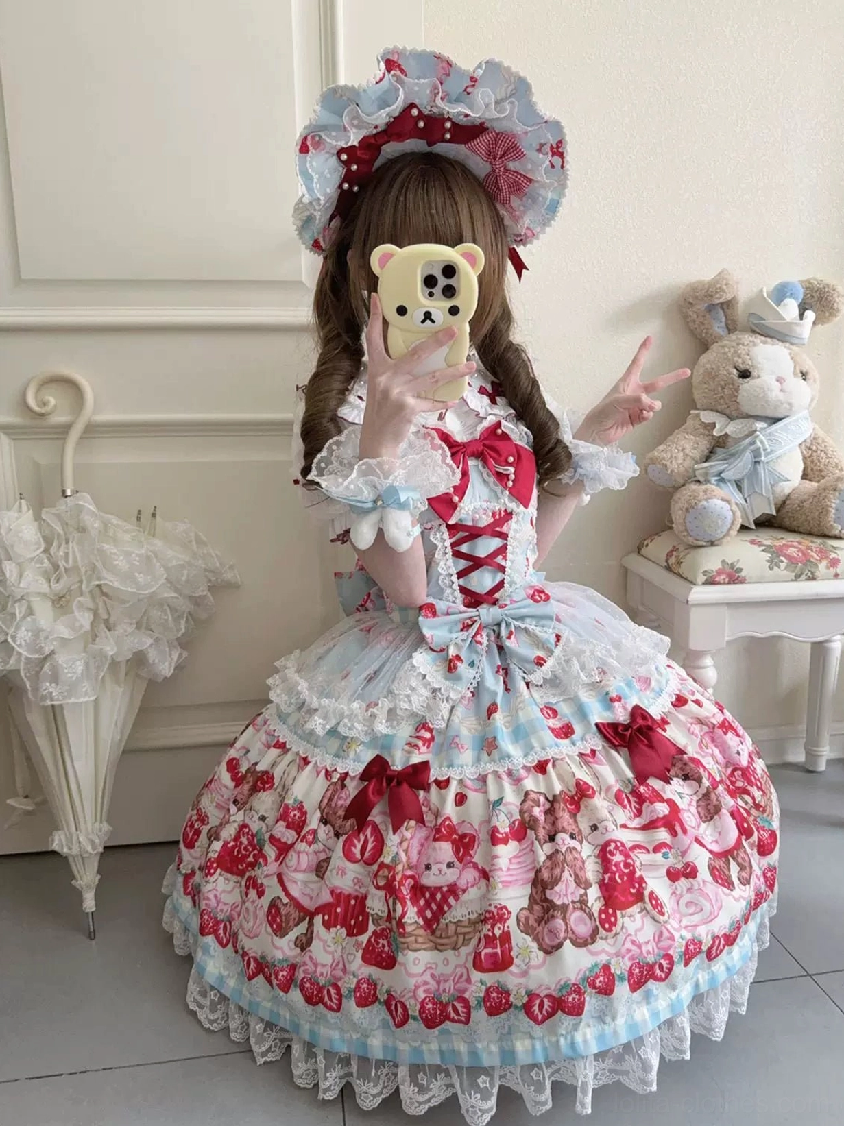 Sweet lolita JSK dress modeled with recommended petticoat showing ideal bell-shaped silhouette and volume