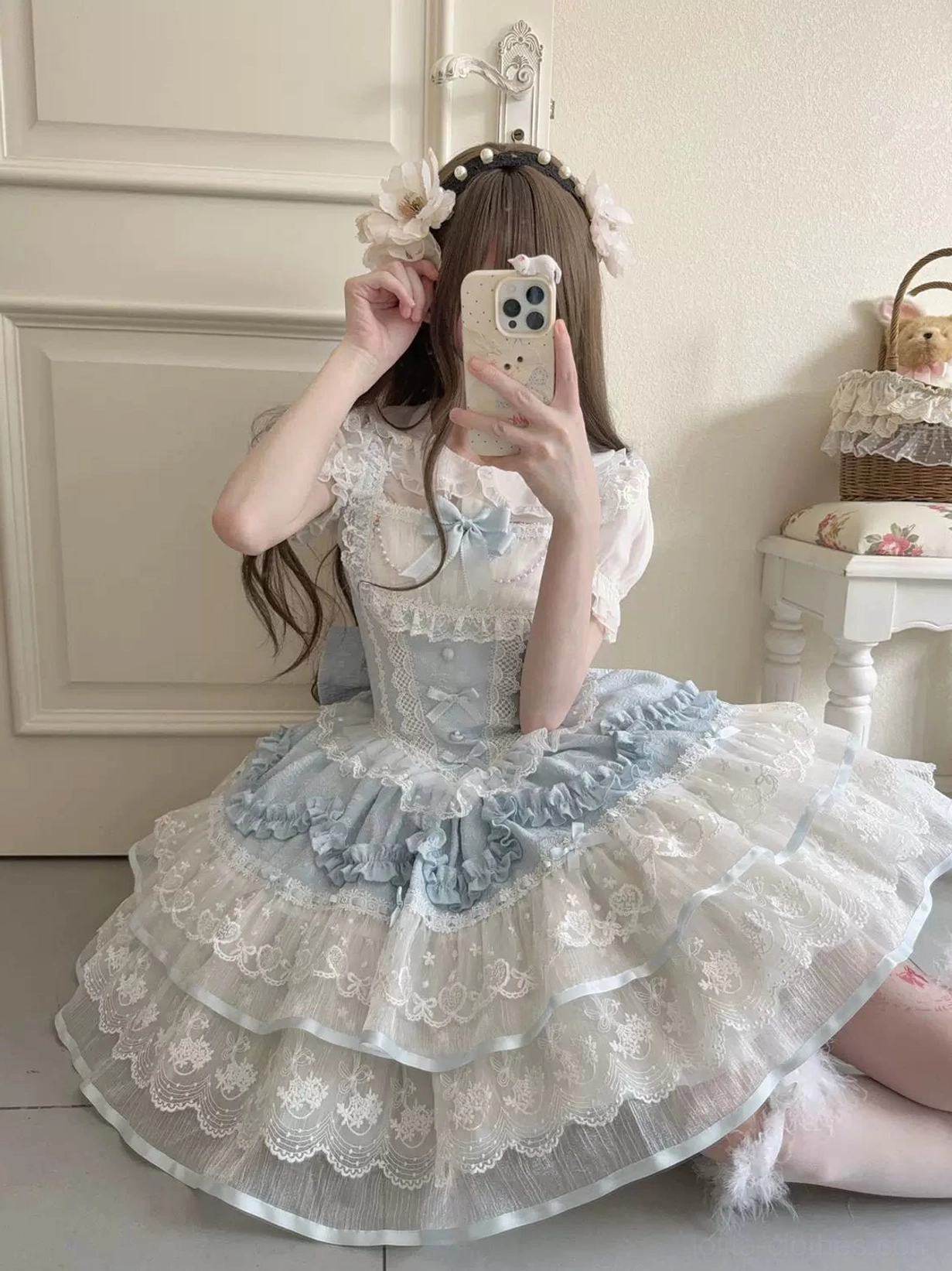 Cotton blend fabric detail of sweet lolita JSK dress highlighting the premium material quality, breathable texture, and durability of the petal-ruffled jumper skirt