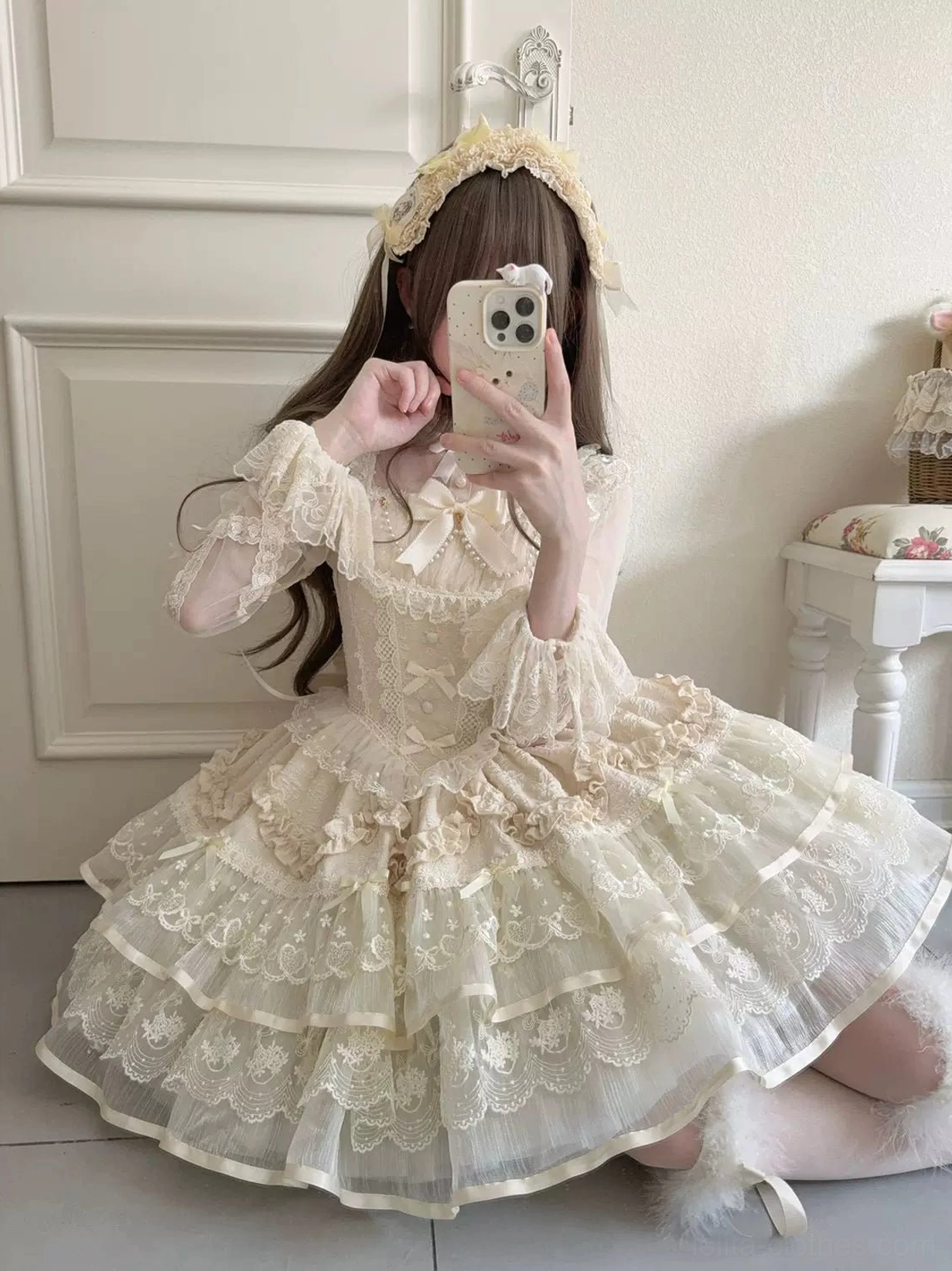 Full-length side view of sweet lolita JSK dress displaying the structured silhouette, multi-tiered lace ruffles, perfect fit of the petal-style jumper skirt design