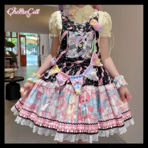 Complete Sweet Lolita coordinate featuring gingham check lace hem and heart-shaped bodice with matching wrist cuffs in full-body dress display