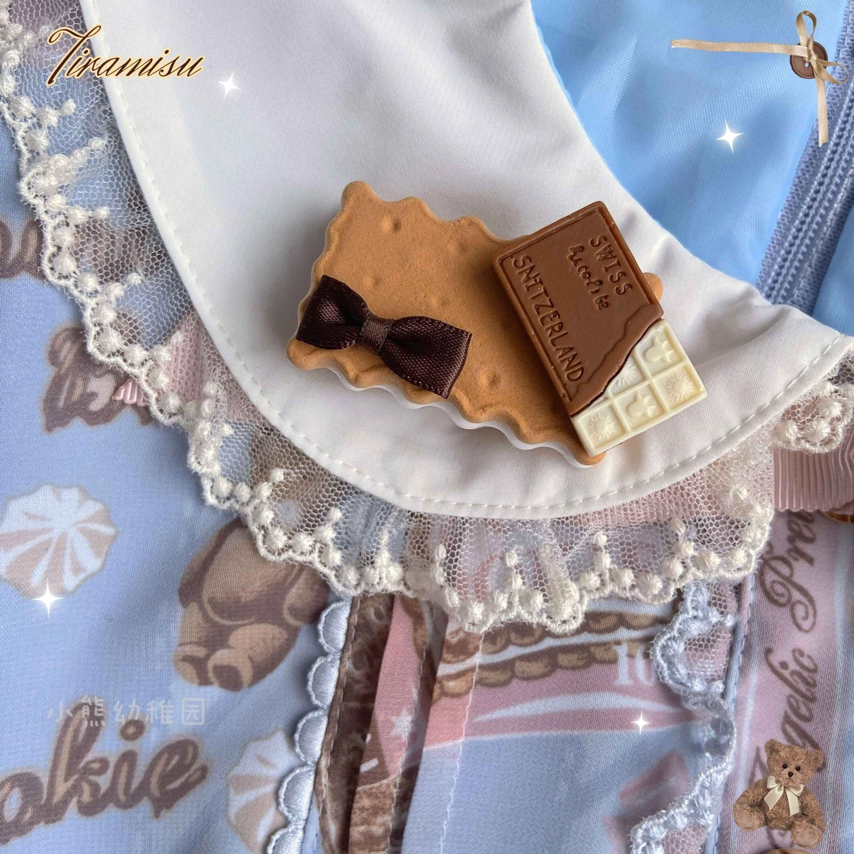Sweet lolita kawaii cookie charm necklace and hair clip accessory collection showcasing multiple biscuit-shaped designs with miniature details and beaded chain styling