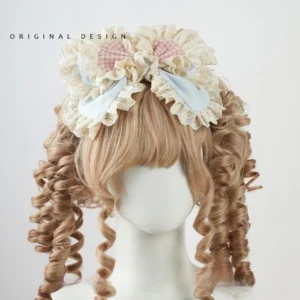 KC sweet lolita hair clip with double ruffled pink gingham and light blue satin bows, beige crocheted center detail, close-up frontal view on blonde wig mannequin