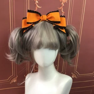 Black edge pumpkin color sweet lolita kc handmade bow headpiece double-layer design front view