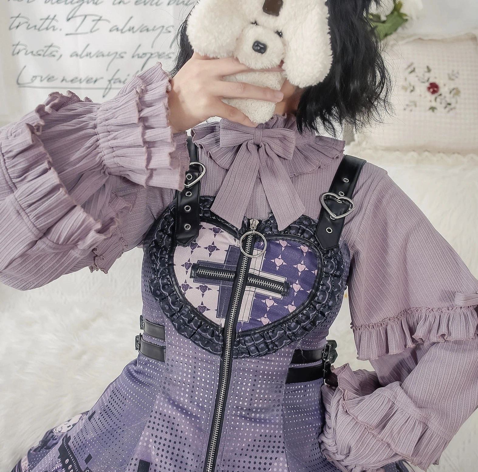 Sweet lolita knit inner top in black color option with ruffle puff sleeves and round collar detail
