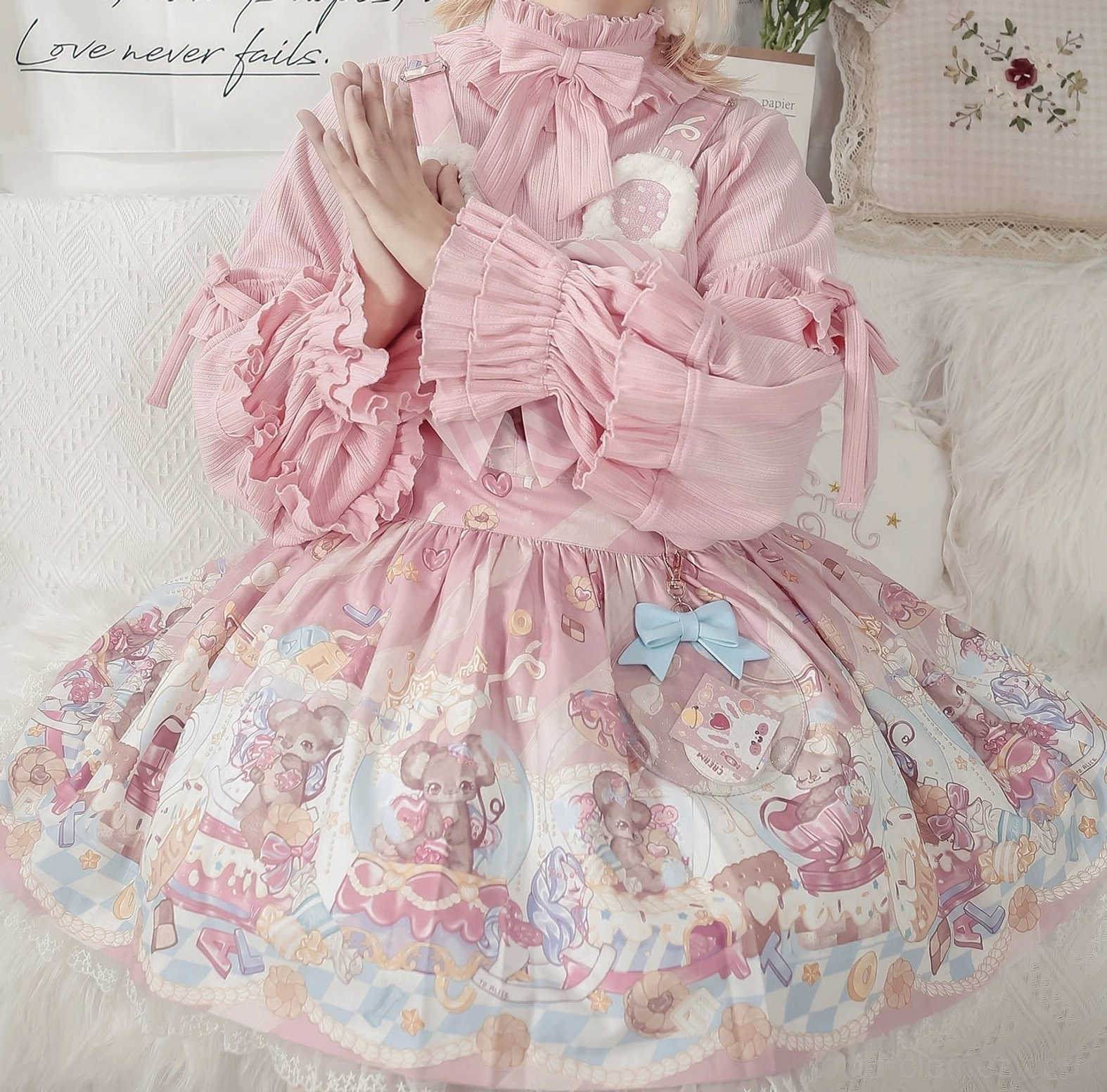 Sweet lolita knit inner top full-body model view showing fit and silhouette with tapered waist design