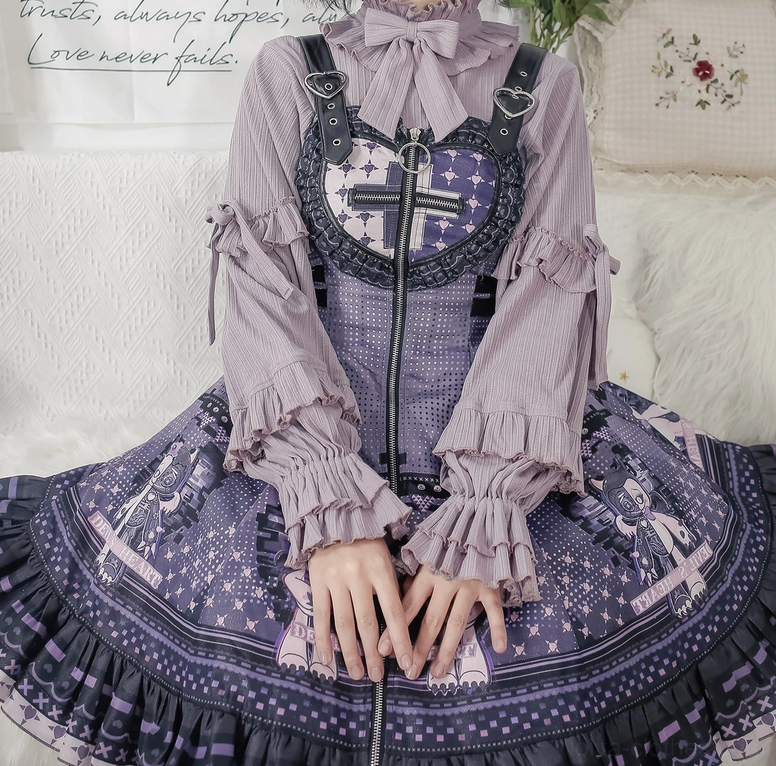 Sweet lolita knit inner wear model wearing styling pose showing puff sleeves and ruffle details movement