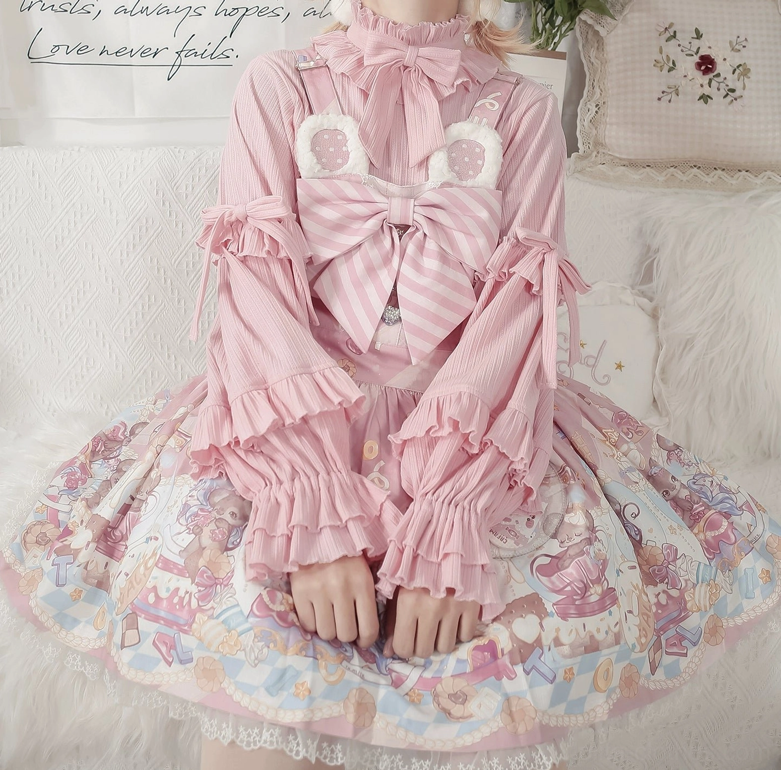 Sweet lolita knit inner wear sleeve detail showing tiered ruffles and construction quality of puff sleeves