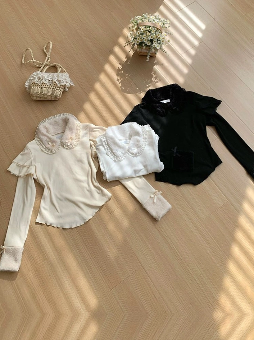 Sweet lolita knit sweater size comparison showing S M L sizing on multiple mannequins with measurements displayed