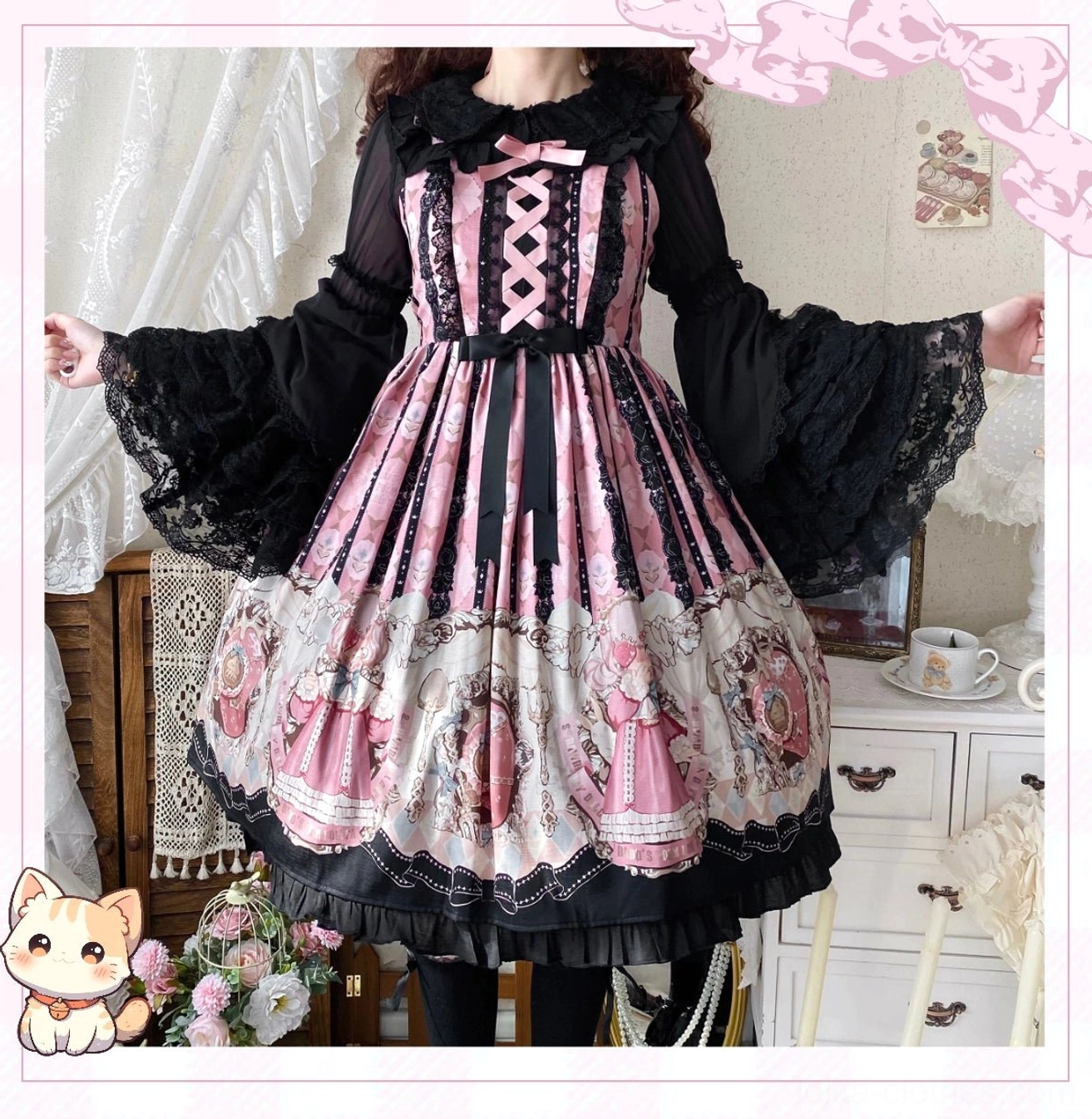 Pink-black printed Sweet Lolita dress with matching lace blouse crisscross ribbon cuff details torso view