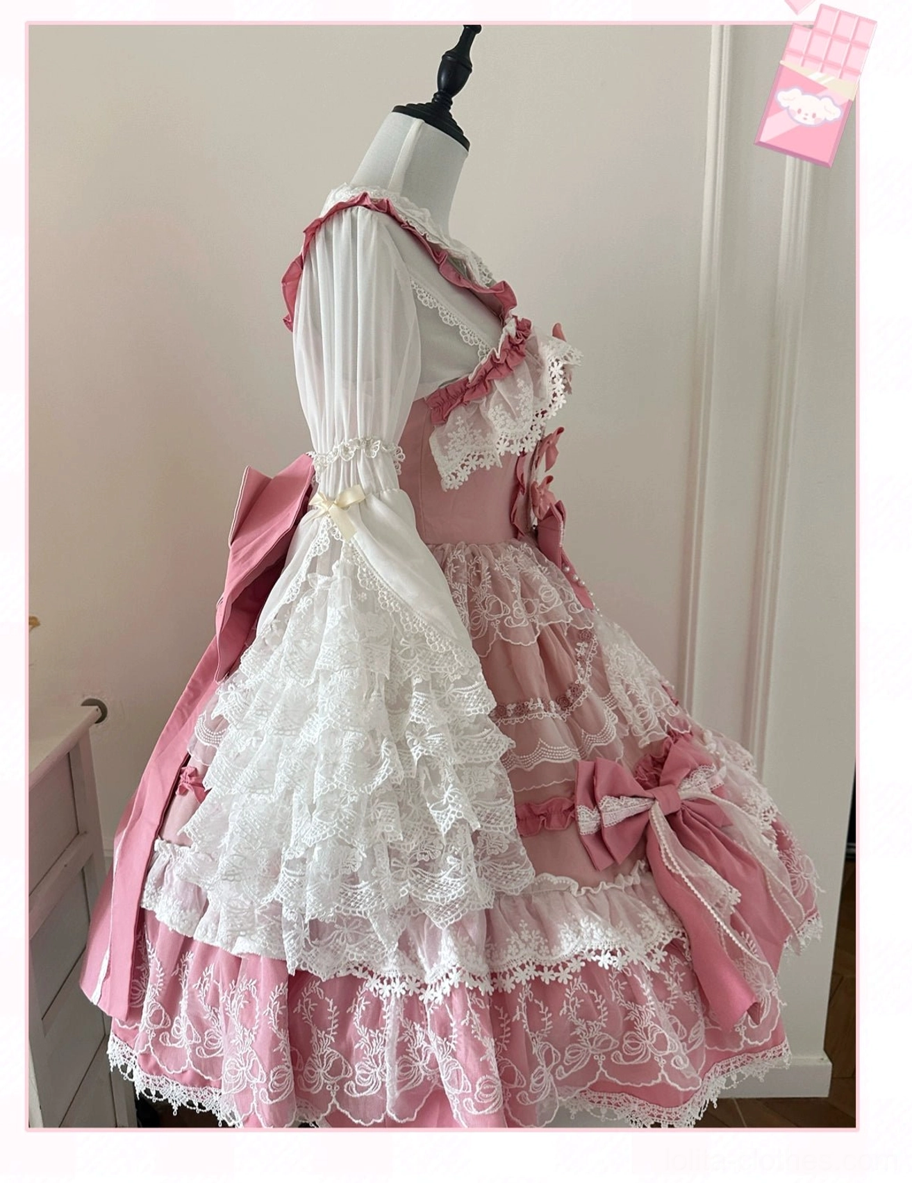 Pink-white Sweet Lolita jumperskirt dress with matching blouse tiered lace ruffle pink bow large collar