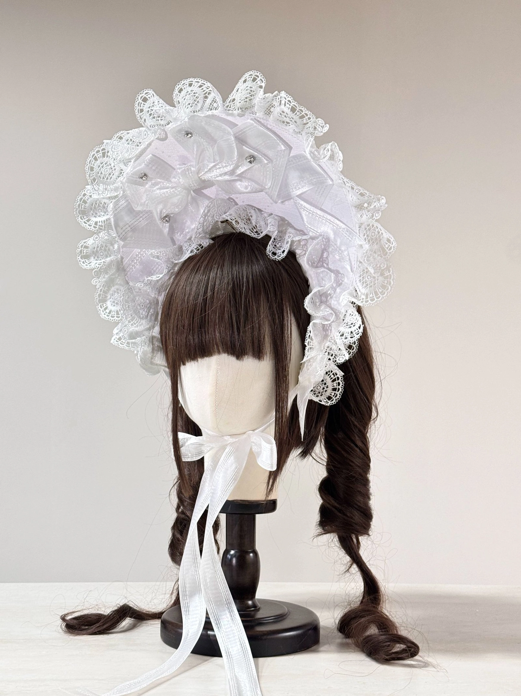 Sweet Lolita lace head bonnet with pale lilac purple satin fabric, full white ruffled lace trim, minimal satin bow, long white neck ribbons with pearl embellishments
