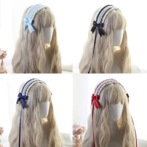Sweet lolita lace bow headband with light blue satin ribbon and white ruffled lace trim on mannequin head, side three-quarter view