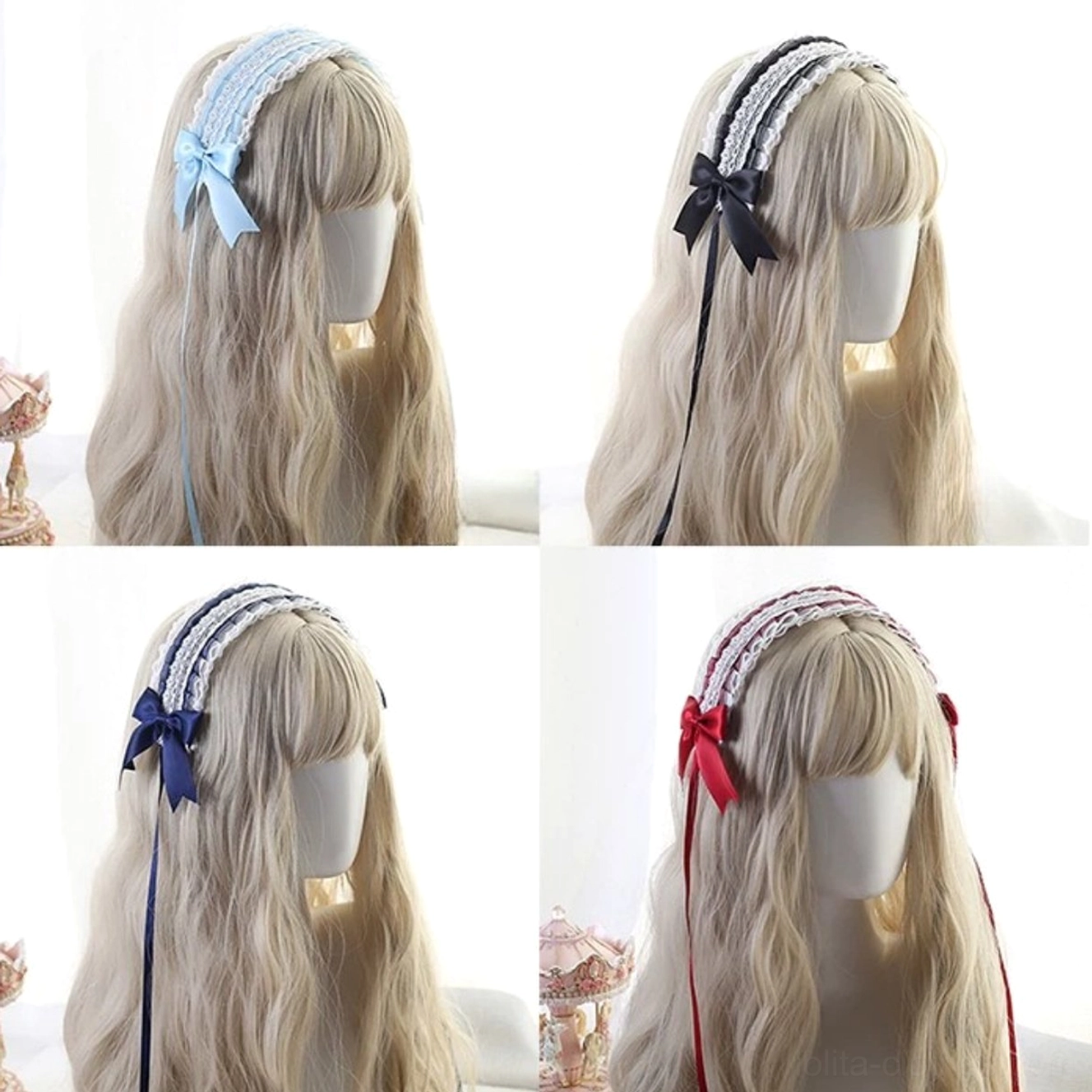 Sweet lolita lace bow headband with light blue satin ribbon and white ruffled lace trim on mannequin head, side three-quarter view