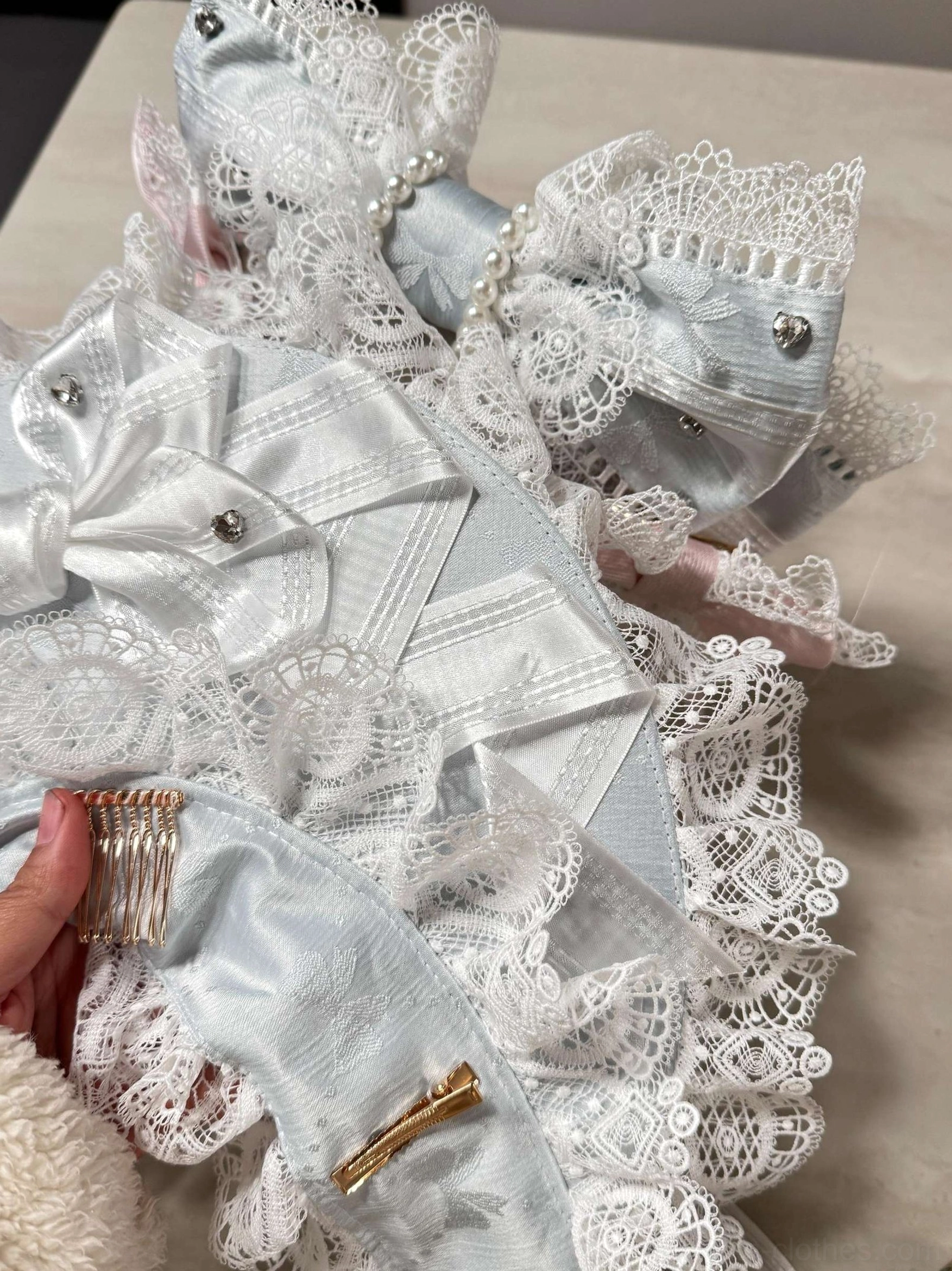 Sweet Lolita lace head bonnet with rhinestone bows, satin and lace materials, secure hair clip fastening system, versatile colorway option for Lolita fashion coordinates
