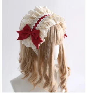 Dark Red Sweet Lolita Tiered Ruffled Lace Headband with Bow Clips worn on mannequin, left three-quarter view showcasing red central strap and dual side bows