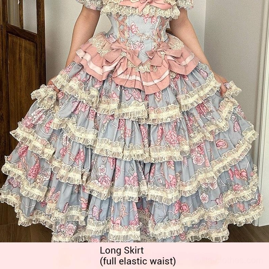 Lace trim detail showing cream-colored ruffles on sweet lolita dress skirt edge